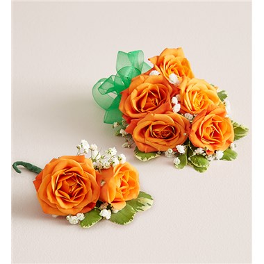 Orange Spray Corsage & Bout-Green Bow